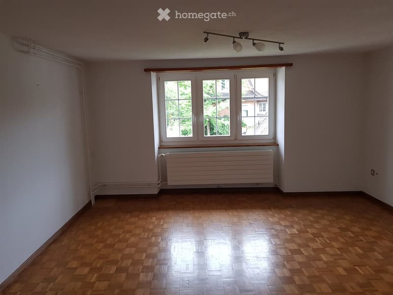Empty room with wooden flooring, large windows, radiator, and track lighting fixture.