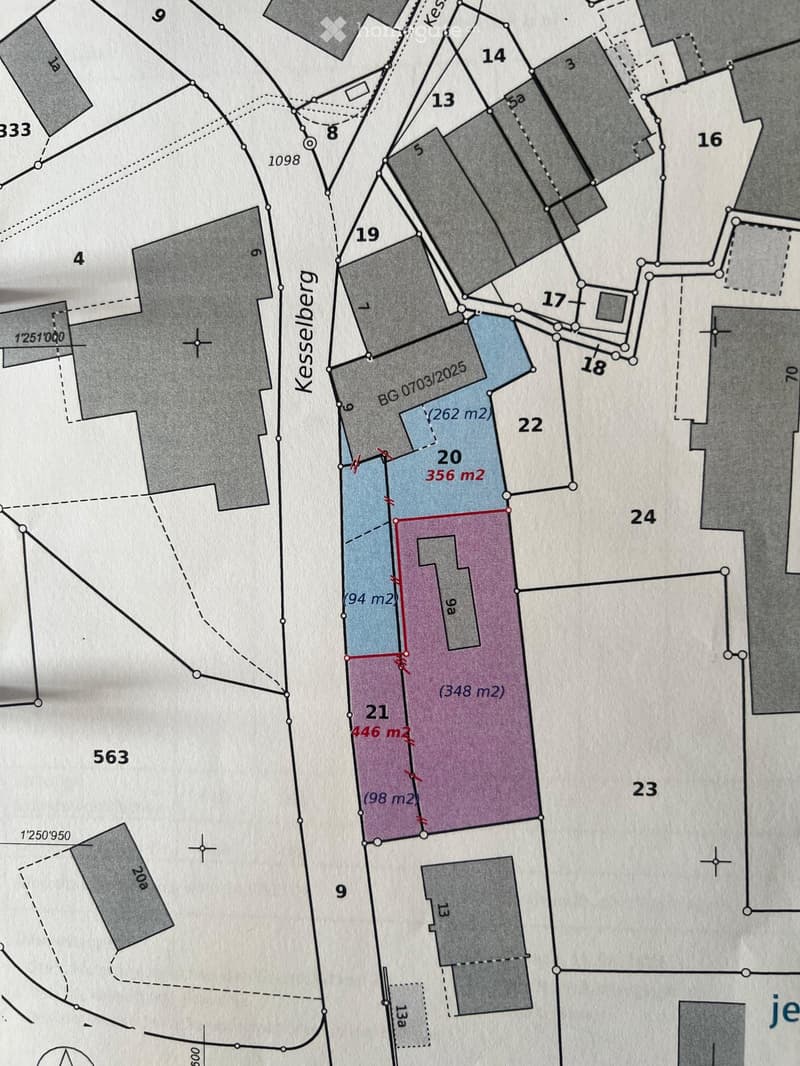 Floor plan showing multiple plots and buildings with labeled areas and measurements in square meters.