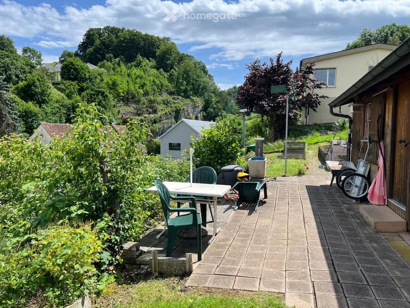 A paved patio area with a table and chairs, surrounded by greenery and trees, with a small shed and a house in the background.