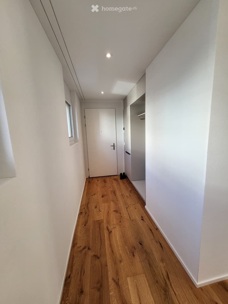 A narrow hallway with wooden flooring, white walls, and a single door at the end. The ceiling has recessed lighting and a small skylight. A small window is visible on the left side.