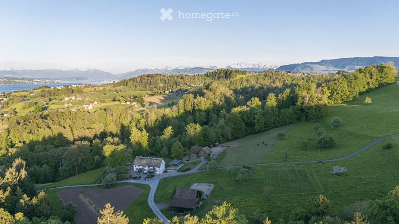 Aerial view of a rural landscape with a house, outbuildings, and surrounding fields and forests, with mountains in the background.