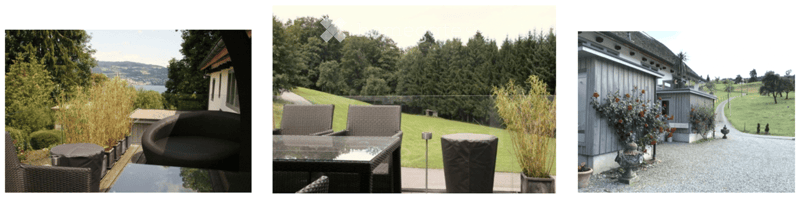 Three images show outdoor spaces: a patio with wicker furniture, a garden with a table and chairs, and a driveway with a small shed and plants.