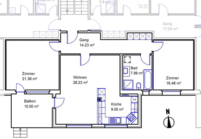 Floor plan showing a living area, two bedrooms, a bathroom, a kitchen, and a balcony.