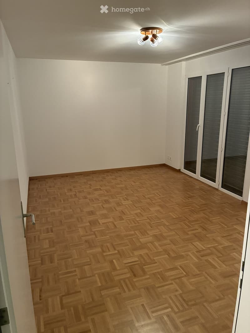 Empty room with wooden herringbone flooring, white walls, large sliding glass doors, and a ceiling light fixture.