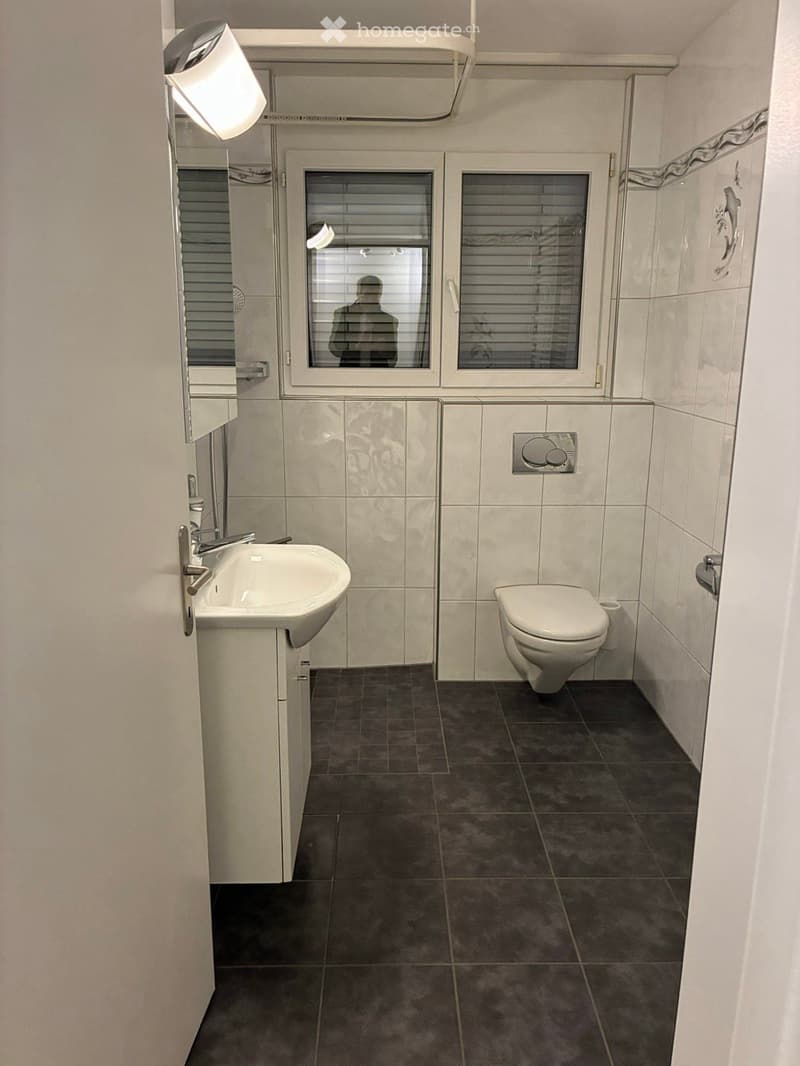 Modern bathroom with dark tiled floor, white tiled walls, a sink with a mirror, and a toilet. Features a window with blinds and a light fixture above the mirror.