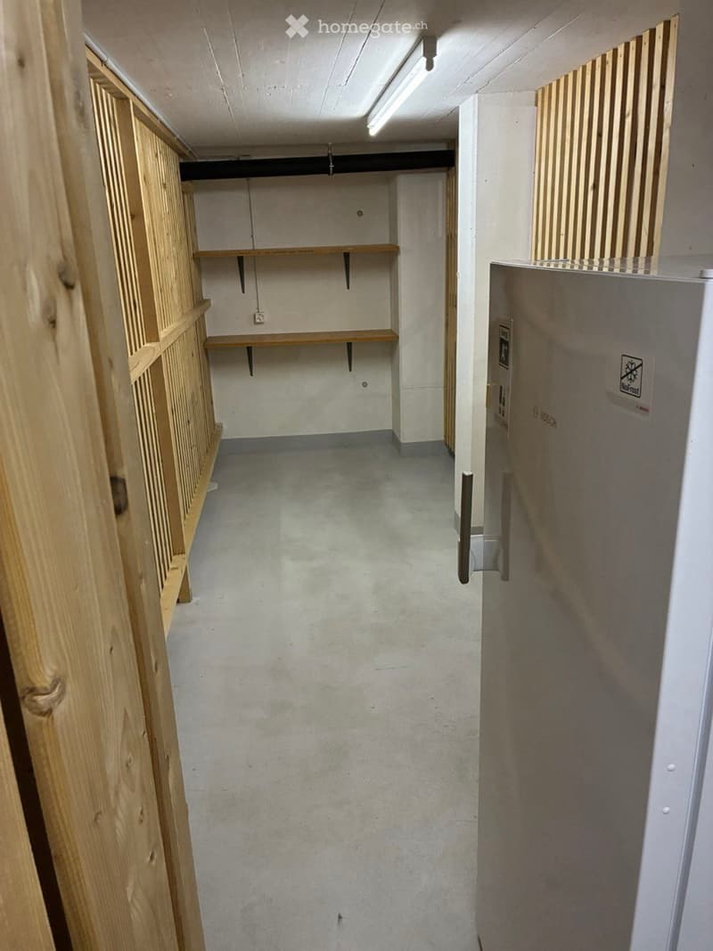 Empty hallway with concrete walls and floor, wooden shelving unit on one side, and a closed door on the other side.