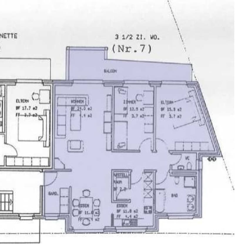 Floor plan of a 3.5-room apartment with labeled rooms including living room, kitchen, bedrooms, and bathrooms.