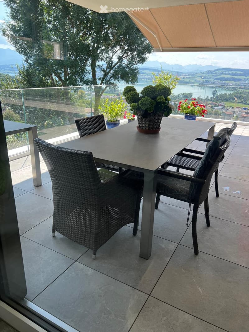 Balcony with a modern glass railing, a large table with four wicker chairs, and potted plants, overlooking a scenic lake and mountain view.