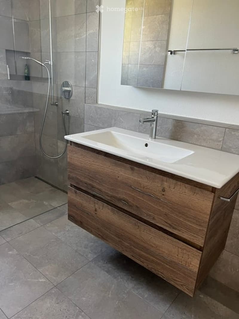 Modern bathroom with a wooden vanity, white sink, chrome faucet, large mirror, and a glass-enclosed shower area.