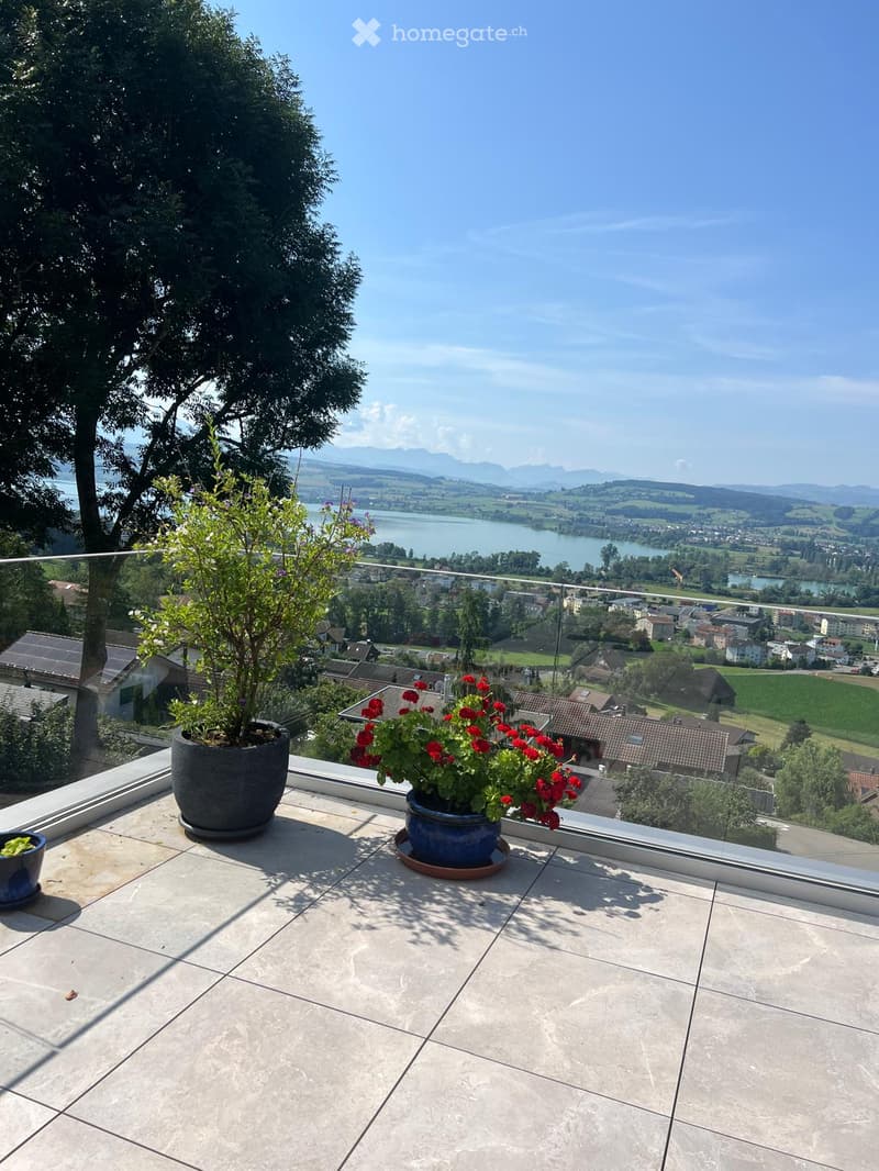 Balcony with tiled floor, glass railing, and potted plants, offering a scenic view of a lake and surrounding landscape.