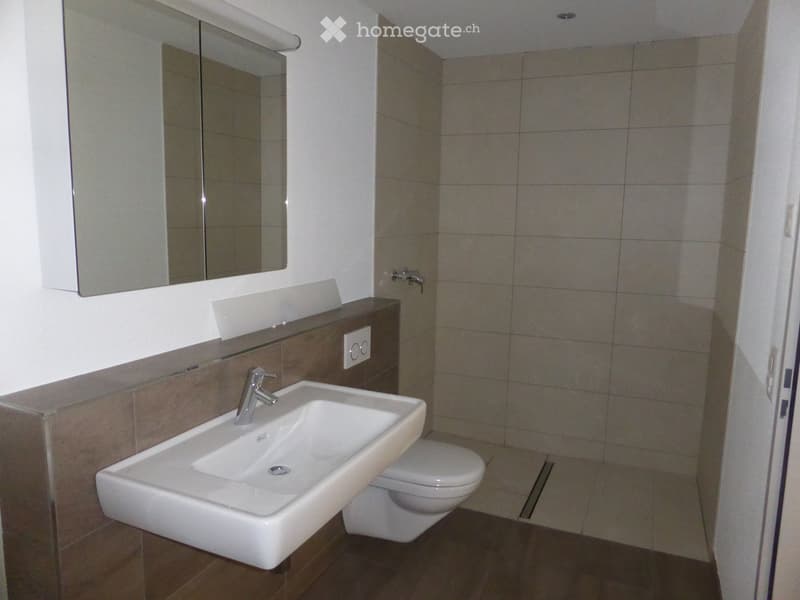 Modern bathroom with a white sink, chrome faucet, toilet, and a large mirror above the sink. The walls are tiled in neutral tones, and the floor is covered with light brown tiles.
