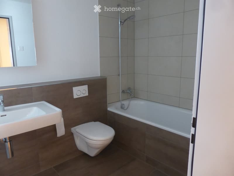 Modern bathroom with a white sink, toilet, bathtub, and mirror. Features tiled walls and a dark brown lower half.