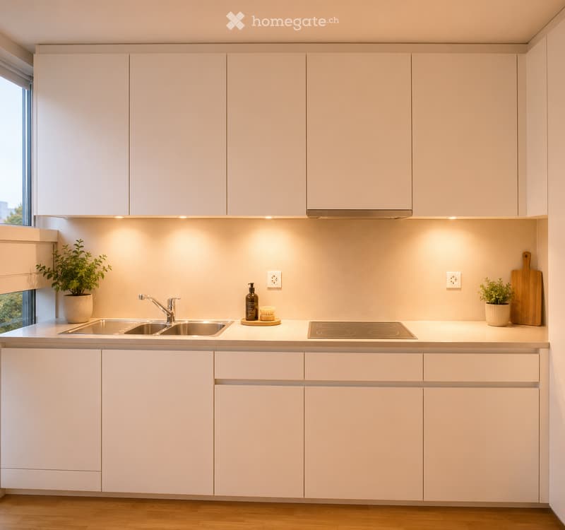 Modern kitchen with white cabinets, stainless steel sink, induction cooktop, and small potted plants on the counter.