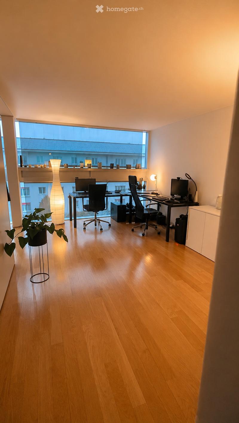 Modern office space with wooden flooring, large window, desk with two chairs, computer monitors, and a floor lamp.