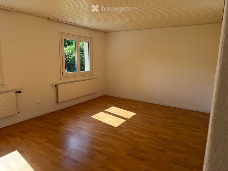 Empty room with wooden flooring, white walls, and a window with a view of greenery. Radiators are visible on the walls.
