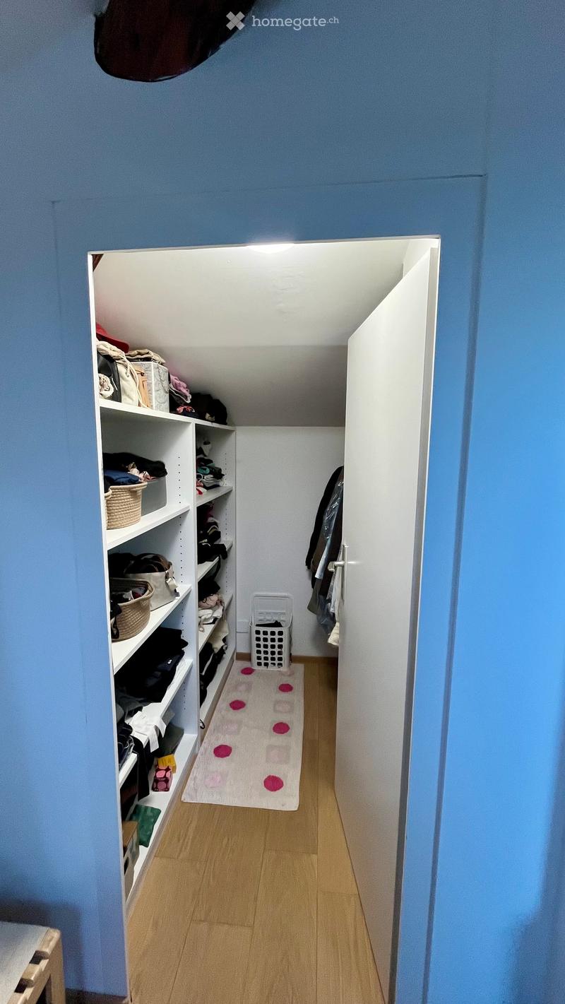 A narrow hallway with blue walls and wooden flooring, featuring a built-in closet with shelves filled with clothing and accessories, a small rug with pink circles, and a laundry basket on the floor.