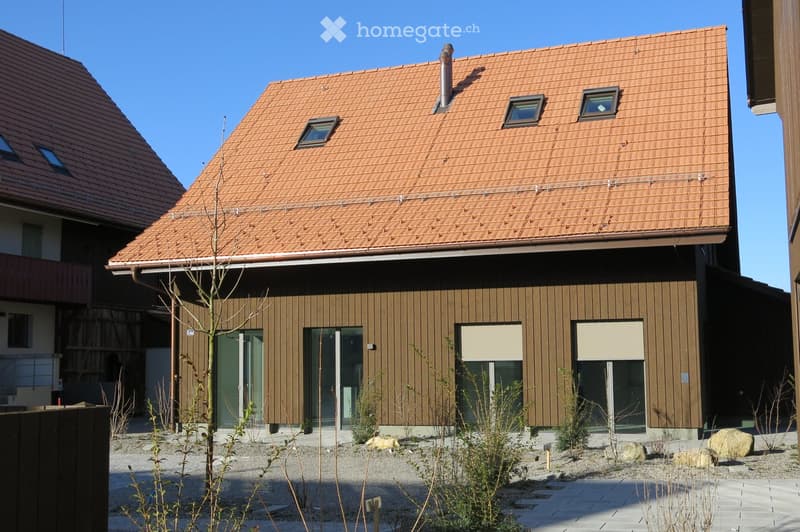 modern house, brown exterior, red roof, large windows, glass doors, chimney
