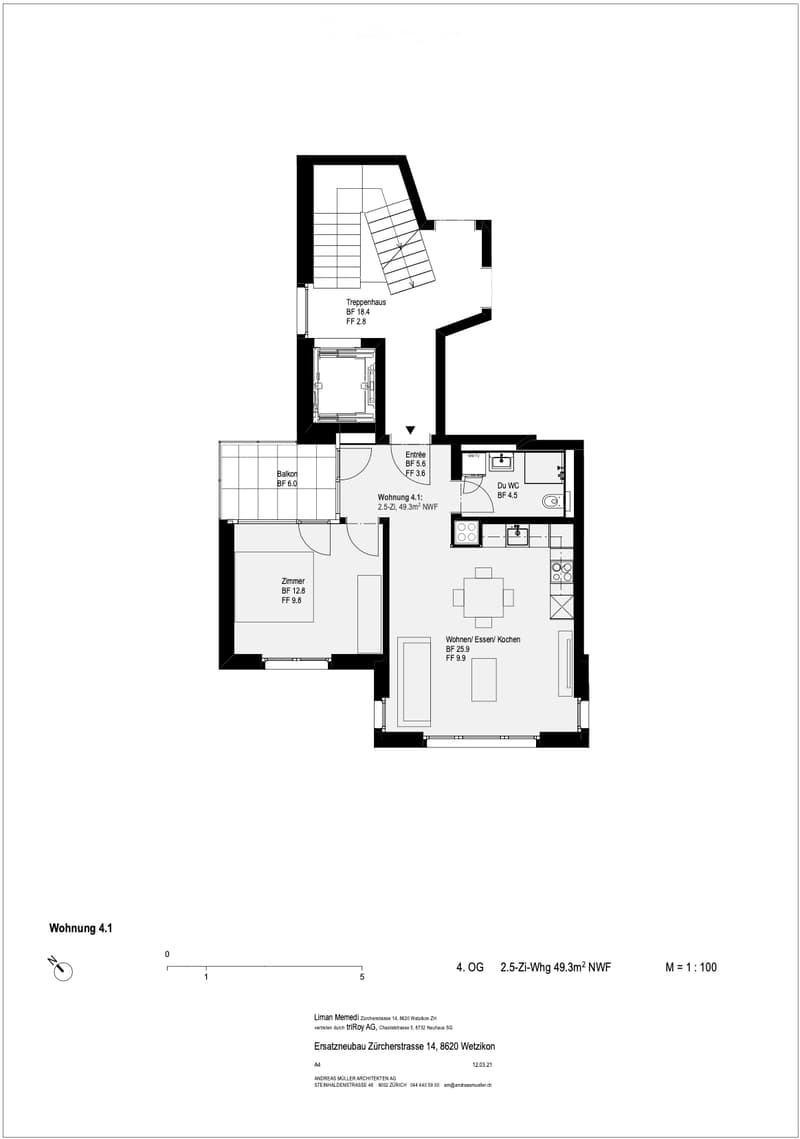 Floor plan of a 2.5-room apartment on the 4th floor, including a living/dining/kitchen area, bedroom, bathroom, and balcony.