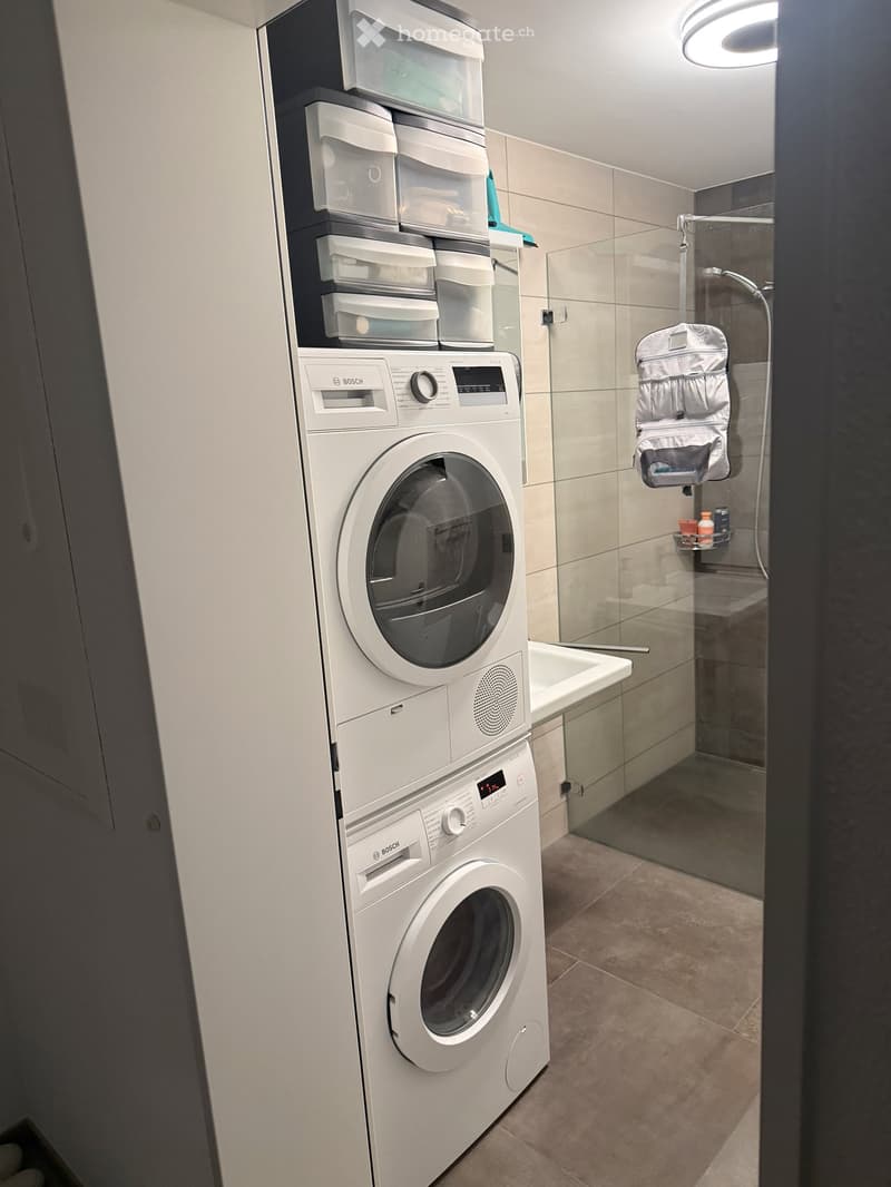Modern bathroom with a stacked washing machine and dryer, a glass-enclosed shower, storage bins, and a hanging shower bag.