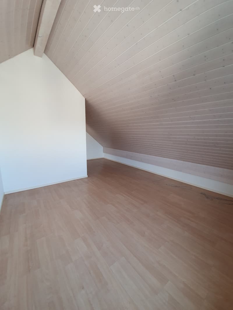 Empty room with wooden flooring and light-colored walls, featuring a slanted wooden ceiling design.