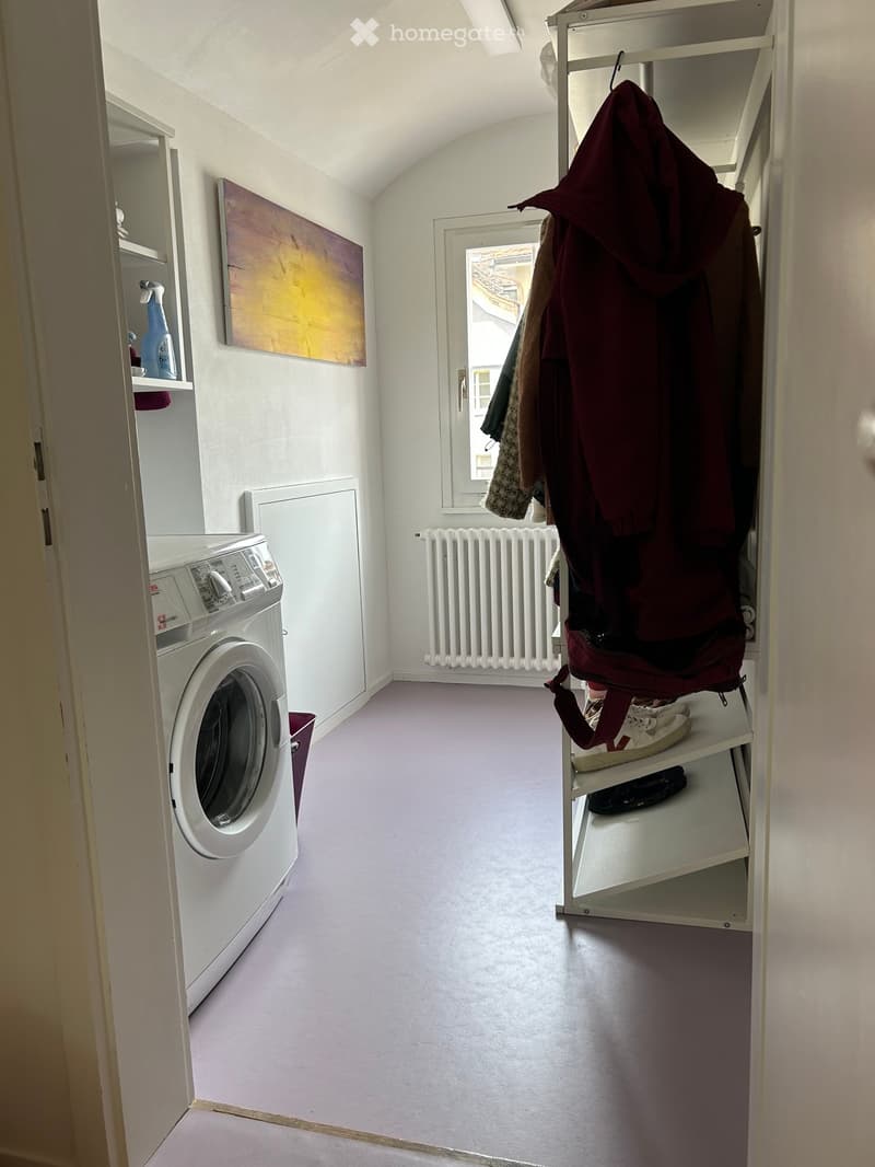 A small, well-lit room with a washing machine, a radiator, a shelf with coats and shoes, and a painting on the wall.