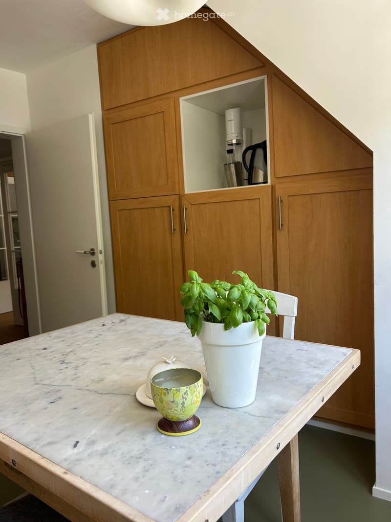 A modern kitchen with wooden cabinets, a marble countertop, and a small table holding a potted plant and a decorative cup.