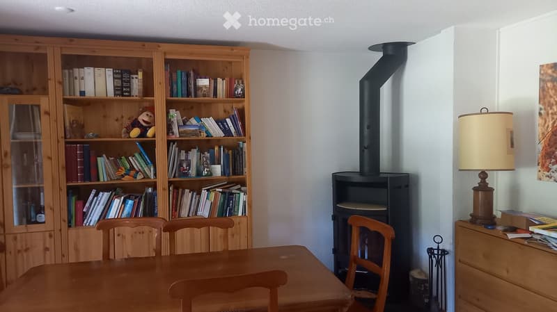 A cozy room with a wooden table and chairs, a large bookshelf filled with books and decorative items, a small black fireplace, and a table lamp on a sideboard.