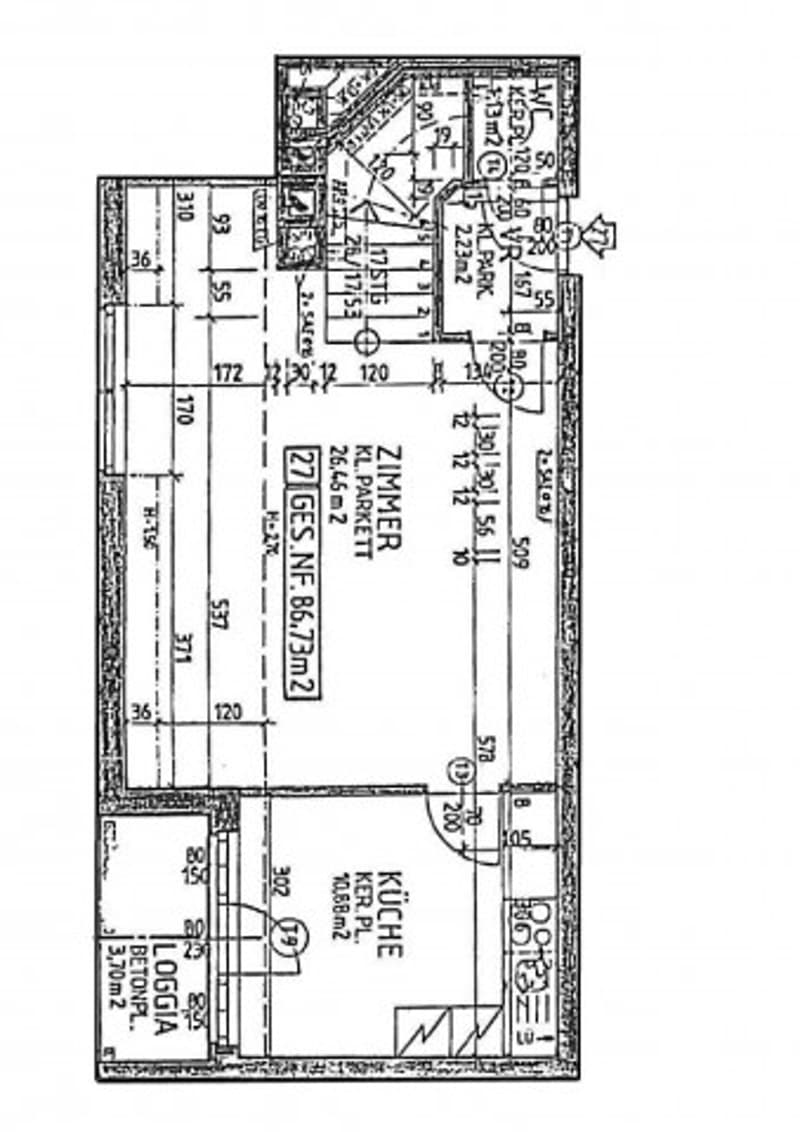 Floor plan of a residential unit showing a living room, kitchen, bedroom, and bathroom with labeled dimensions and room numbers.