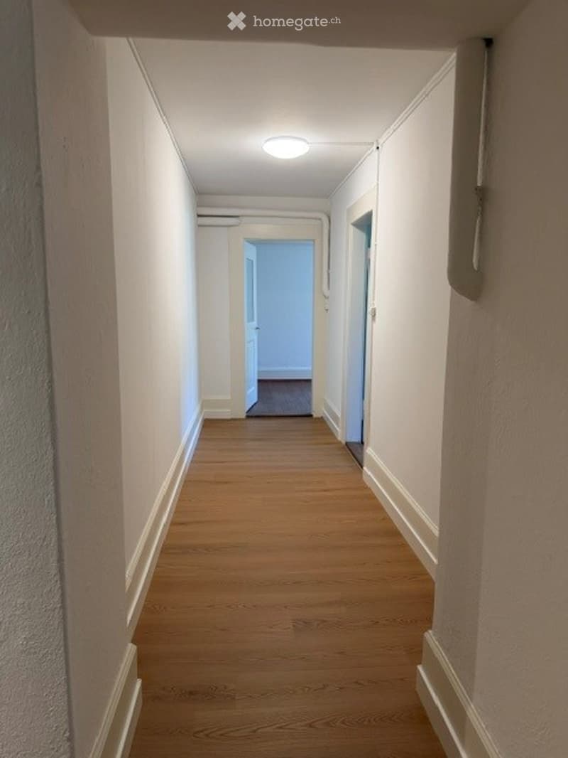A narrow hallway with wooden flooring, white walls, and a ceiling light. The hallway leads to an open doorway at the end.