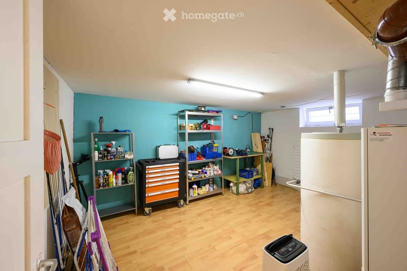 A well-organized utility room with wooden flooring, metal shelves filled with cleaning supplies, a toolbox, a refrigerator, and a small air purifier. The room features a teal accent wall and a window near the ceiling.
