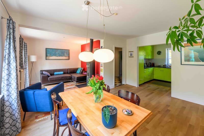 A modern, open-concept living and dining area with a dark brown leather sofa, a wooden dining table with chairs, a pendant light fixture, and a floor lamp. The kitchen features green cabinets and stainless steel appliances.