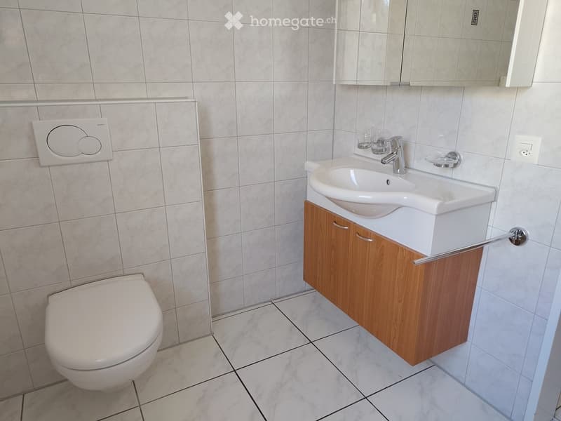 Modern bathroom with white tiles, a toilet, a wooden cabinet sink, and a mirror above the sink.
