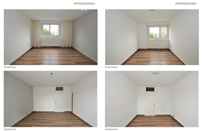 Empty room with white walls, wooden floors, large windows and window curtains