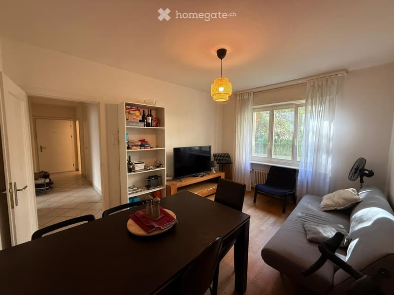 A modern living room with a sofa, a dining table, a shelf, a fan, a television, and a lamp. The room has large windows with curtains and a wooden floor.