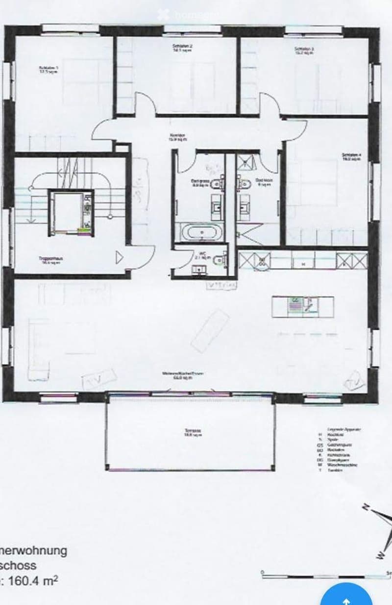 Floor plan of a 160.4 m² apartment with multiple rooms including living room, kitchen, bedrooms, bathrooms, and a terrace.