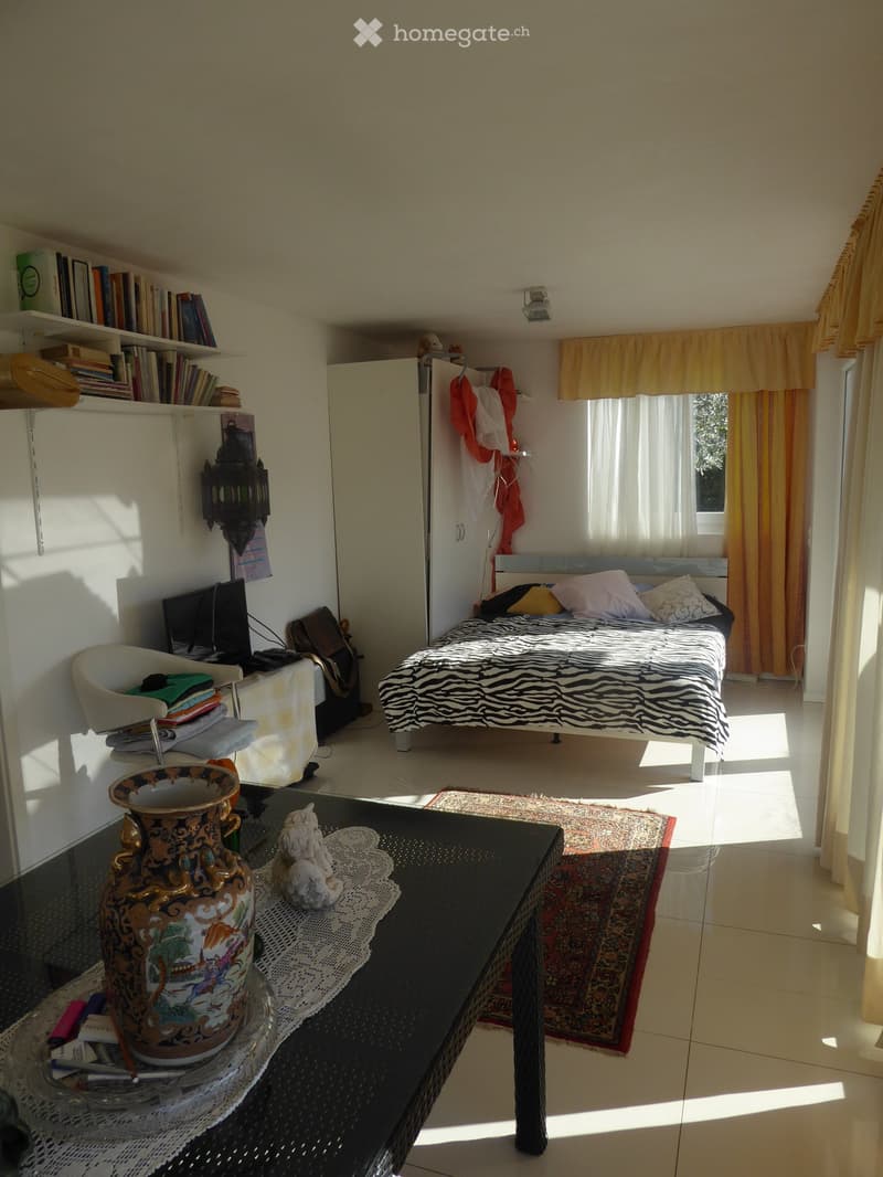 Bedroom with a bed, bookshelves, curtains, and various decor items. The room has a balcony or terrace visible through the window.