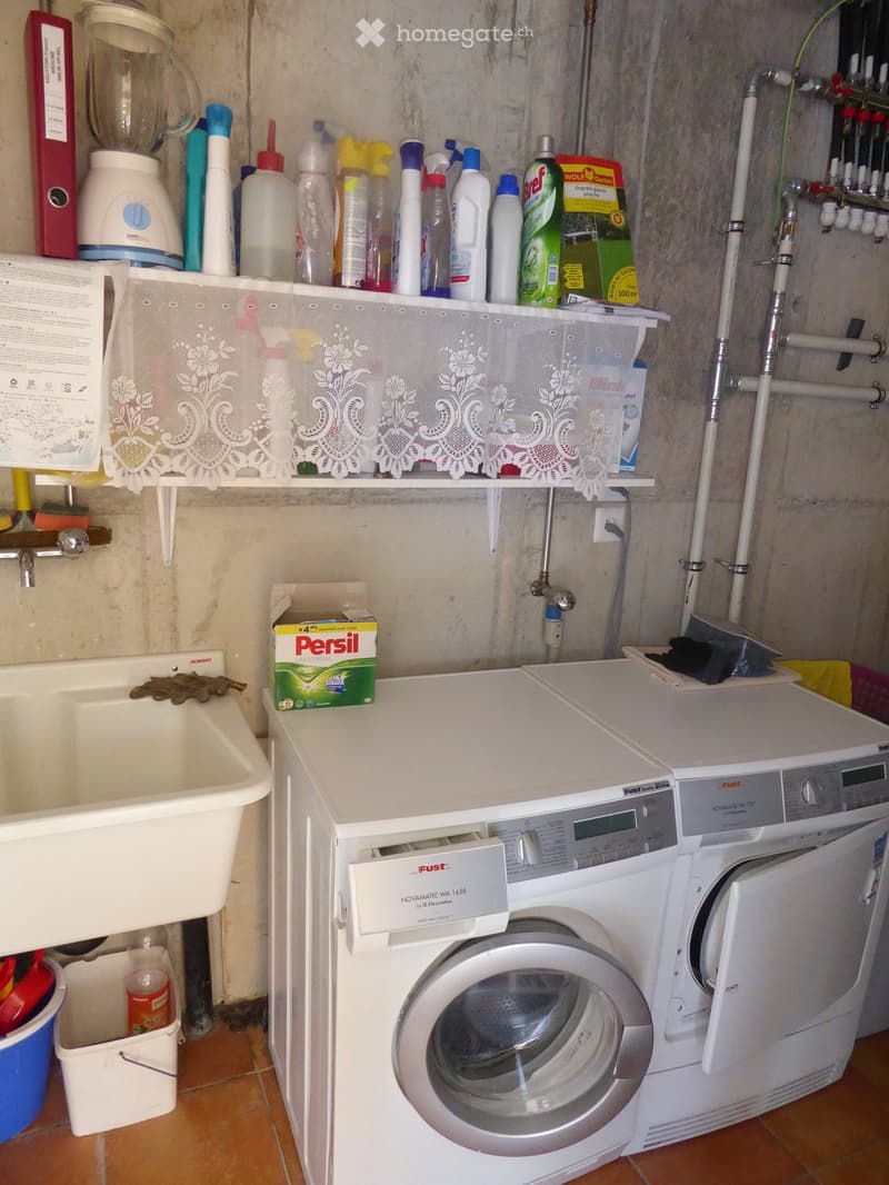 Washing machine, detergent, cleaning supplies, shelves with decorative lace curtain