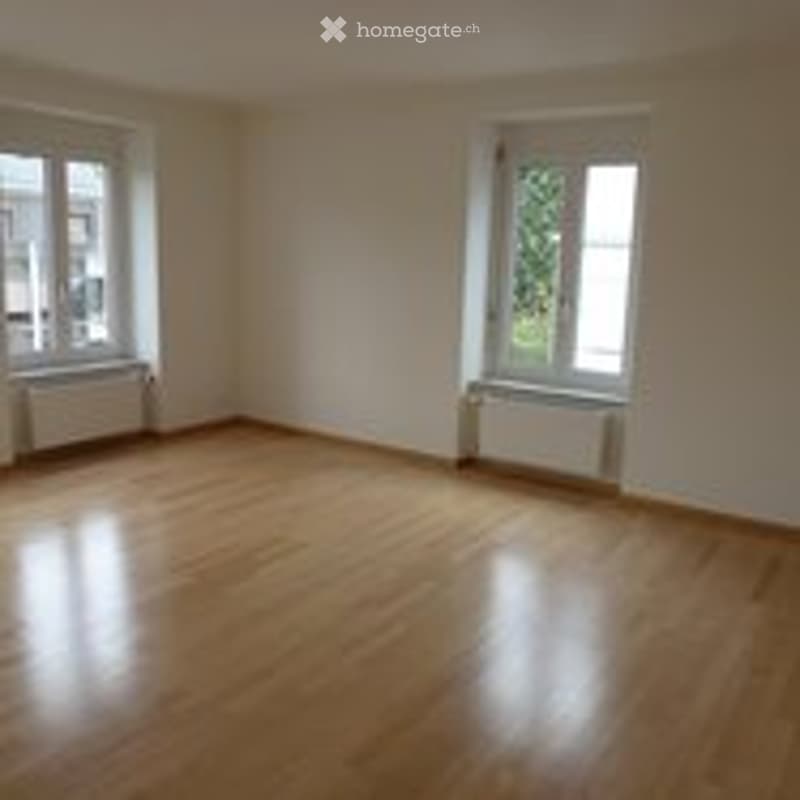 Completely empty room with wooden flooring, white walls, and two windows with radiators beneath them.