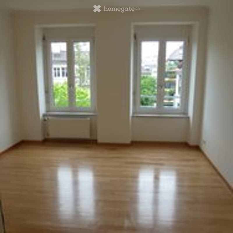 Completely empty room with wooden flooring, white walls, and two large windows with radiators beneath them.