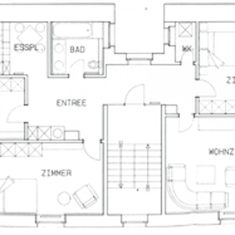 Floor plan of a house with labeled rooms including Esszimmer, Bad, Wohnzimmer, and Schlafzimmer.