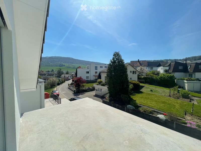 A balcony with a view of a neighborhood with houses, a road, and a green landscape.