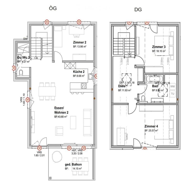 Floor plan showing two levels: ground floor (OG) and upper floor (DG). Ground floor includes living/dining area, kitchen, bedroom, bathroom, and balcony. Upper floor includes bedroom, bathroom, and additional room.