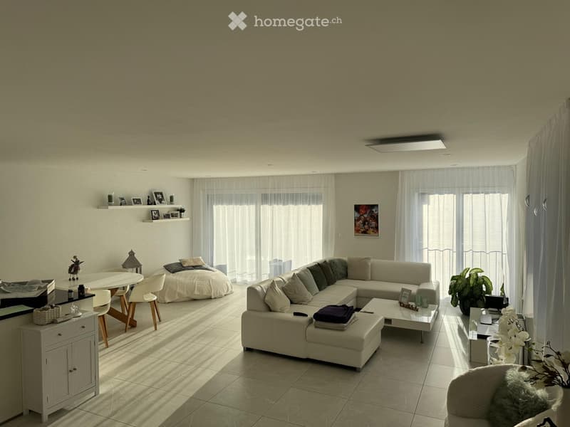 Bright living room with a large sectional sofa, coffee table, dining area with chairs and table, and decorative items including a plant and picture frames.