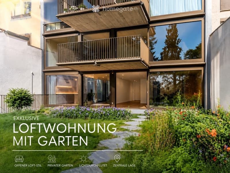 Modern multi-story building with large glass windows and balconies, surrounded by a well-maintained garden with colorful flowers and a stone pathway.