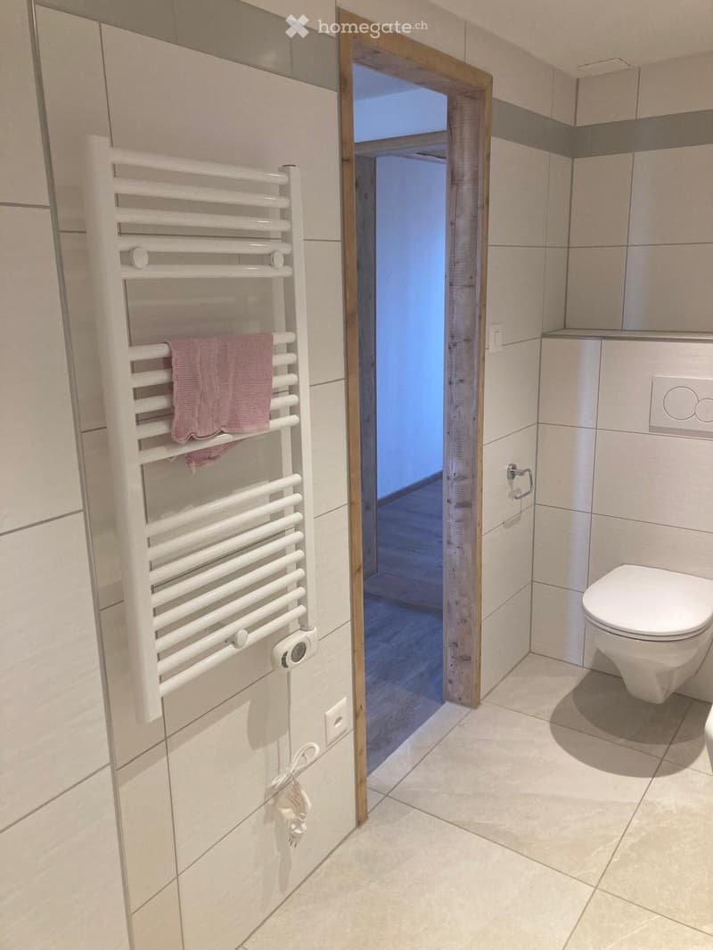 Modern bathroom with beige tiles, a white towel rack with a pink towel, and a toilet visible through an open wooden door.