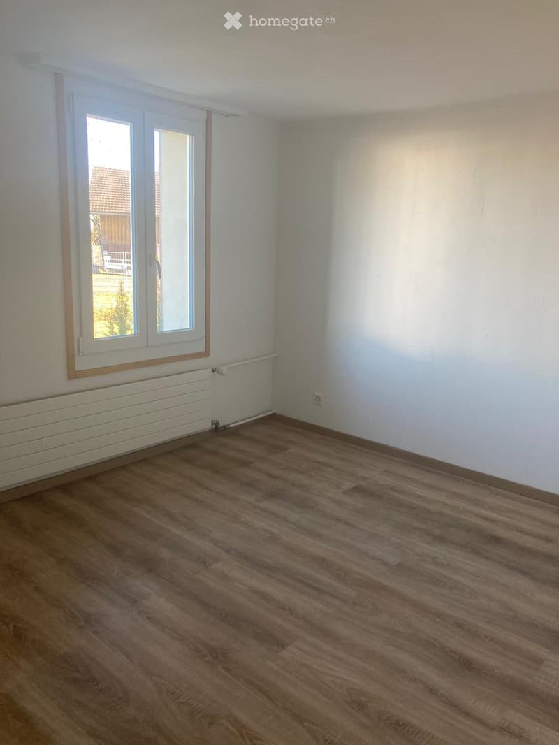 Empty room with wooden flooring, white walls, and a large window with a radiator below it.