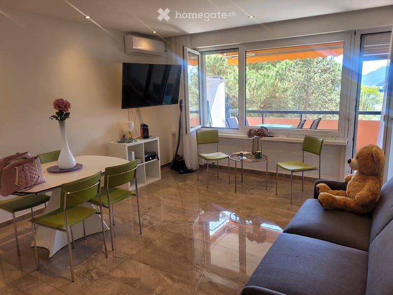 Bright, modern living room with large windows and a view, featuring a sofa, dining table with chairs, a television, a vase with flowers, and a teddy bear on the sofa.