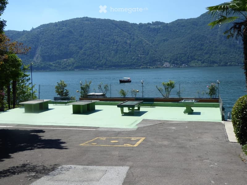 Outdoor area with tables and benches overlooking a lake and mountain backdrop.