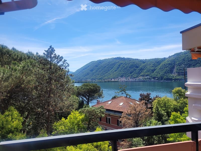 Balcony overlooking a scenic lake with surrounding hills and trees, featuring a clear blue sky and distant town.