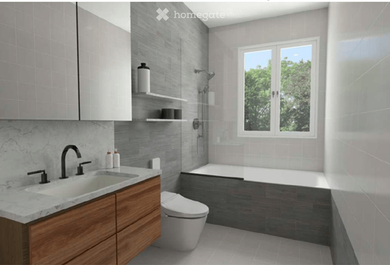 modern bathroom, grey tiled walls, grey marble countertop, white toilet, shower, bathtub, wooden cabinet, white sink